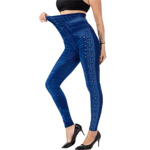 <span class=keywords><strong>Leggings</strong></span> pour femmes à taille haute, imprimés, ornés de perles, style rétro, très élastiques, coupe cheville, décontractés, effet <span class=keywords><strong>jean</strong></span> - Product Image 1