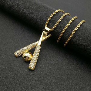 Gold <b>Baseball</b> <b>Bat</b> Pendant Necklace Stainless Steel Chain Pave Setting Hip Hop Jewelry - Product Image 4