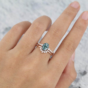 Anillo de Media Eternidad de Plata de Ley 925 con Corte Marquesa, Oro Rosa Vintage, Anillo de Compromiso con Ágata Musgosa de Corte Ovalado - Product Image 5