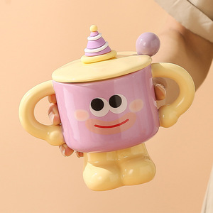 Cute Two Handled <b>Ceramic</b> <b>Mugs</b> Cartoon Coffee Cup with Lid and Spoon - Product Image 3