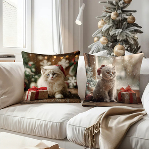 Kucing-kucing Natal dengan topi Santa dan hadiah di sofa nyaman, dekorasi liburan yang meriah, bantal-bantal. - Product Image 4