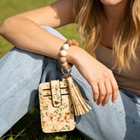 Bloemenbloeiwijze Bloemenprint Leren portemonnee Creditcardhouder met siliconen kralen Sleutelhanger Mini portemonnee Tas Armband