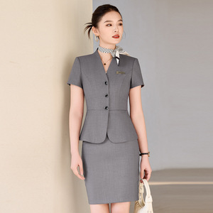 Professional Suit Set Women Summer Short Sleeve V Neck Fitted Waist Work Uniform Gold Shop Beauty Sales Assistant Clothes - Product Image 4