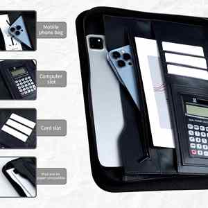 Carpeta de Mano Personalizada de Cuero PU con Cierre, Bolsa de Almacenamiento de Documentos A4, Portafolio Multifuncional con Calculadora - Product Image 3
