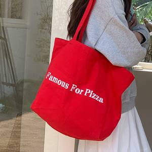 Bolsa de Lona Roja con Letras, Bolsa de Hombro de Gran Capacidad, Bolsa de Compras Casual, Estilo Primavera, Uso Diario - Product Image 2