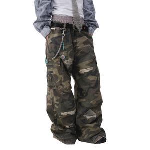 กางเกงคาร์โก้เอวสองชั้นลำลองปักลายพรางแบบวินเทจผ้าฝ้าย 100% คุณภาพสูงขายส่ง ซักทำสีซีดแบบดิสเทรส ปักลายตามสั่ง - Product Image 5