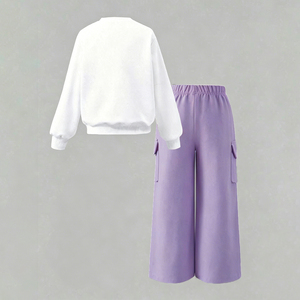 Conjunto de Ropa para Niñas Pequeñas, Sudadera Blanca con Cuello Redondo y Estampado de Dibujos Animados, Pantalones Cargo, Ropa para Exteriores, Venta al Por Mayor - Product Image 2