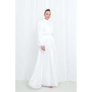 Robe de soirée moderne pour femme en satin texturé plissé à manches longues - 17029ELB - ECRU - Product Image 1