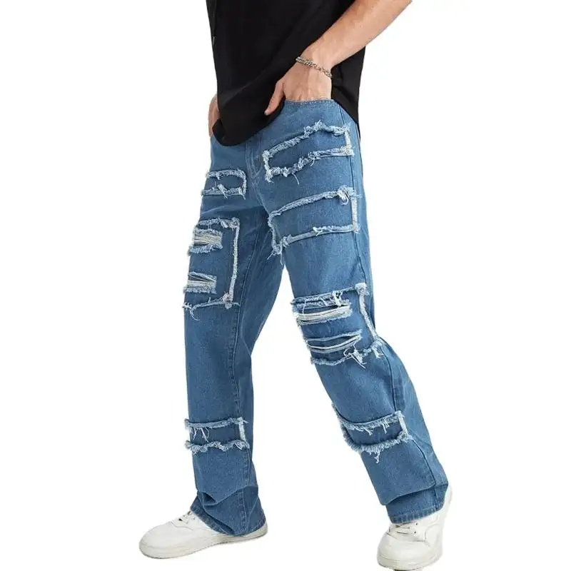 OEM Custom Ripped Rough Cut Design Fashion Hip Hop High Street Style Straight Leg Jeans For Men
