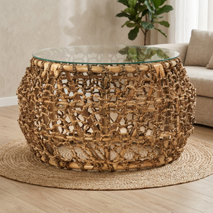 Modern Natural Coffee <b>Table</b> with Rattan Cane and Weaving Banana Leaf <b>Glass</b> Top for Living Room - Product Image 2