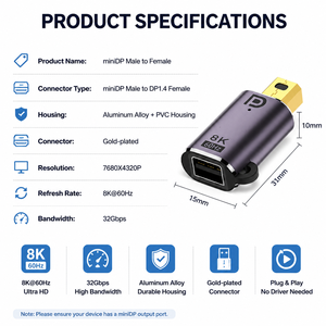 Adaptateur bidirectionnel en aluminium <span class=keywords><strong>DisplayPort</strong></span> mâle vers Mini DP femelle 8K 60Hz pour ordinateur portable, moniteur, projecteur, DP vers Mini DP - Product Image 3