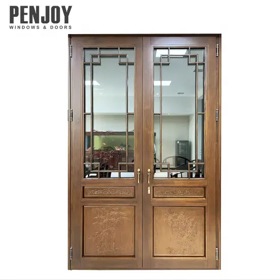 Penjoy Custom Double Entry Door Modern Design Exterior Glass Solid Wooden Front Entrance Doors