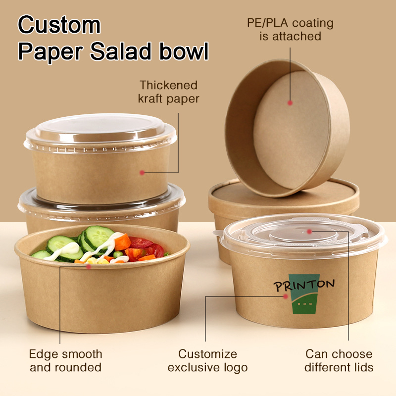 Custom Printed 24oz Biodegradable Food Grade Soup Bowls Salad Plates Disposable Single Wall Kraft Paper Bowl with Lids