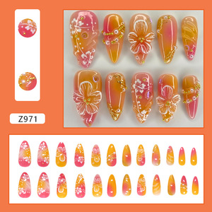24 faux ongles orange à presser, motif floral peint à la main avec perles, à coller, vente en gros - Product Image 2