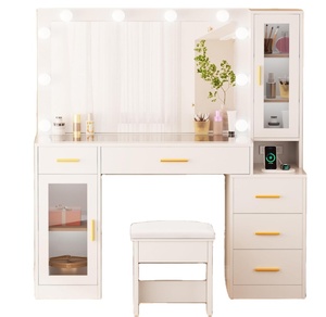 Table de toilette de 49,2 pouces avec miroir et éclairage LED, bureau de maquillage blanc avec plateau en verre, tabouret, prise de courant et <span class=keywords><strong>5</strong></span> <span class=keywords><strong>tiroirs</strong></span> pour chambre à coucher - Product Image 1