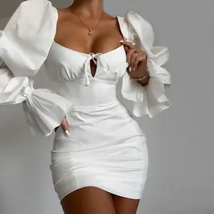 Saia curta slim estilo europeu e americano, novidade, vestido feminino branco manga bufante mulheres