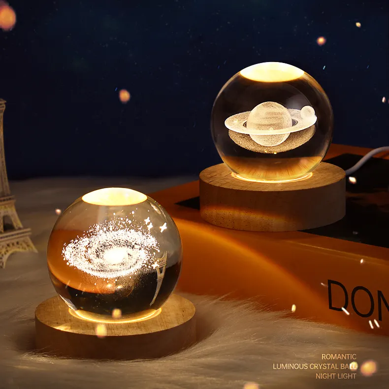 Amazon Hot Sale Wooden Bottom Galaxi Star Bedside Lights 3D Glass Crystal Ball LED Moon Lamp For Bedroom Kids Girlfriends Gifts