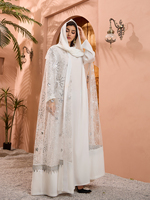 Robe Abaya blanche de luxe traditionnelle avec dentelle élégante et paillettes pour les femmes musulmanes, pour les robes de soirée ou les célébrations de l'Aïd