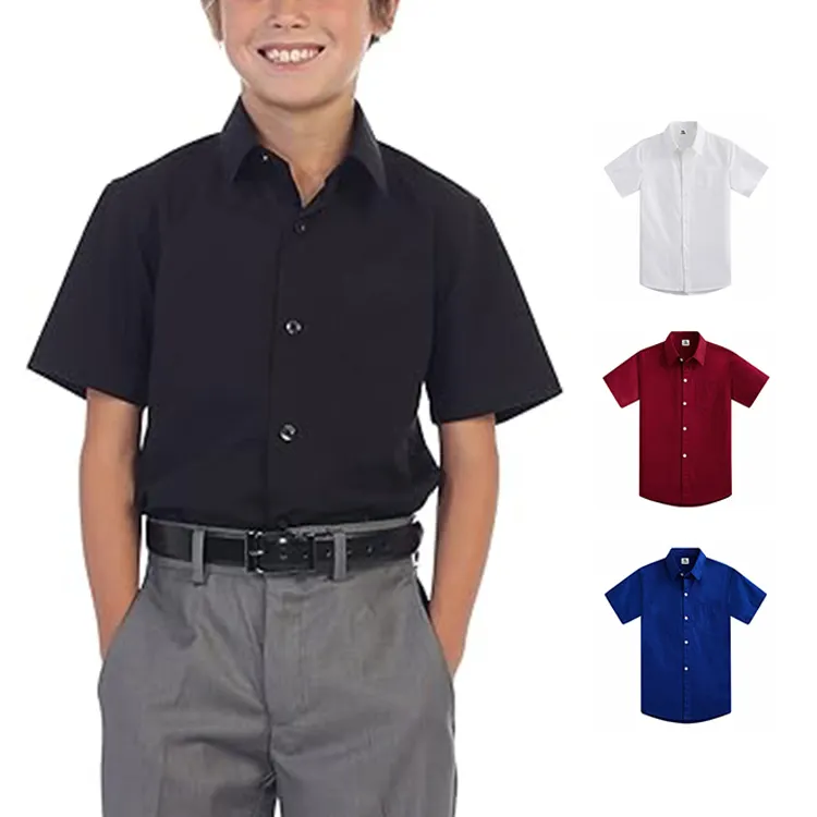 Özel Logo Boys resmi gömlek Slim Fit % 100% pamuk kısa kollu katı düğme aşağı elbise gömlek çocuklar için