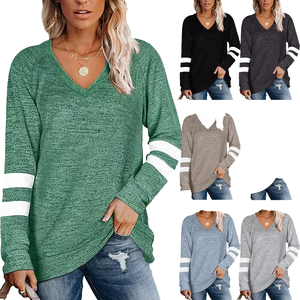 Camiseta de manga larga con cuello en V para mujer 2025, estilo europeo americano, costuras en contraste, ajuste holgado, tejido antipilling, otoño - Product Image 1