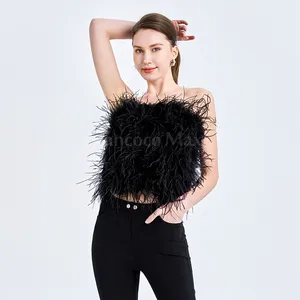 Hot sales Summer Party Strapless Fur Crop Top Black Genuine Ostrich Feather Top Women