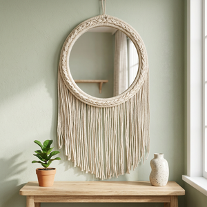 Basantpriya Handmade <b>Lightweight</b> Round Framed Wall <b>Mirror</b> Rattan Fringe Bohemian Raffia Hanging Electricity-Free Home Decor - Product Image 3