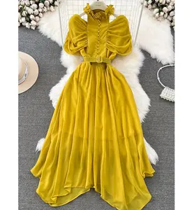 2024 Summer Stand Collar Off Shoulder Pleated Waist Dress Women's Tight Slimming A- Line Chiffon Dress Female Elegant Halter Dre