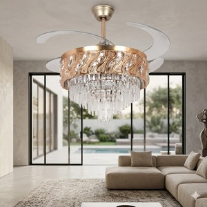 Luxury Designer Gold Crystal LED <b>Ceiling</b> Fan with Retractable Blades <b>Remote</b> <b>Control</b> Silent Chandelier <b>Light</b> Home - Product Image 1