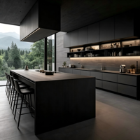 Meubles de cuisine modernes de luxe sur mesure en contreplaqué, MDF et bois massif avec îlot central pour projet de villa