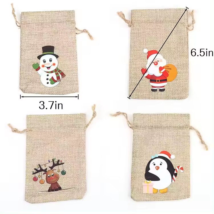Eco Friendly Drawstrings Christmas Burlap Gift Bags With Snowman Printed