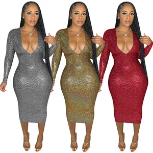 2022 sexy women gold sparkly casual jersey dance sequin designs traditional v neck long sleeve cotton dress custom for women