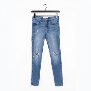 Jean skinny taille haute droit pour femme, grande taille, effet usé léger, en denim extensible, écologique, longueur intégrale, style streetwear pour adultes - Product Image 1