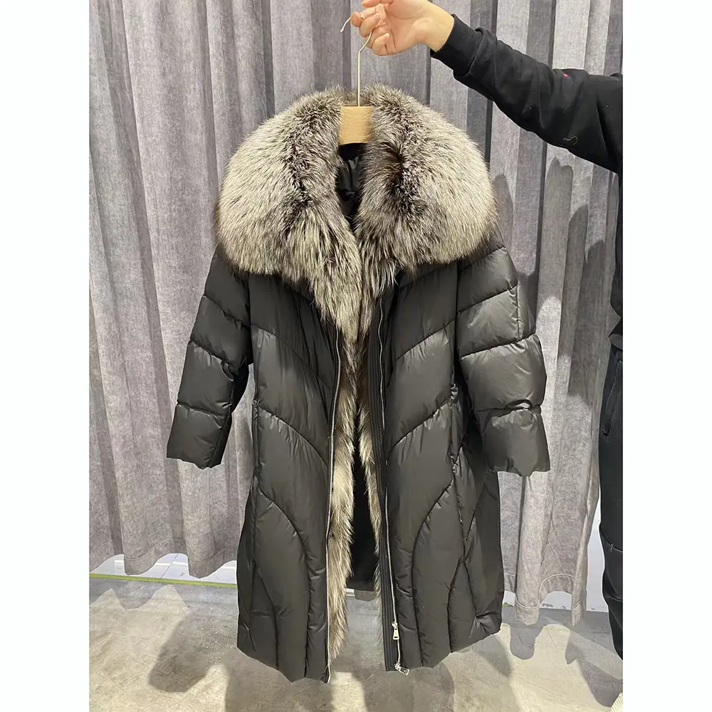 QIUCHEN QC22096 Winter Warm Puffy 90% Goose Down Long Coats With Real Silver Fox Fur Jacket For Women