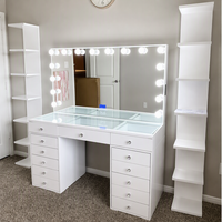 Ensemble de coiffeuse blanche en gros avec miroir à LED, tiroirs à boutons en cristal, plateau en verre et 13 tiroirs, table de maquillage pour l'exportation