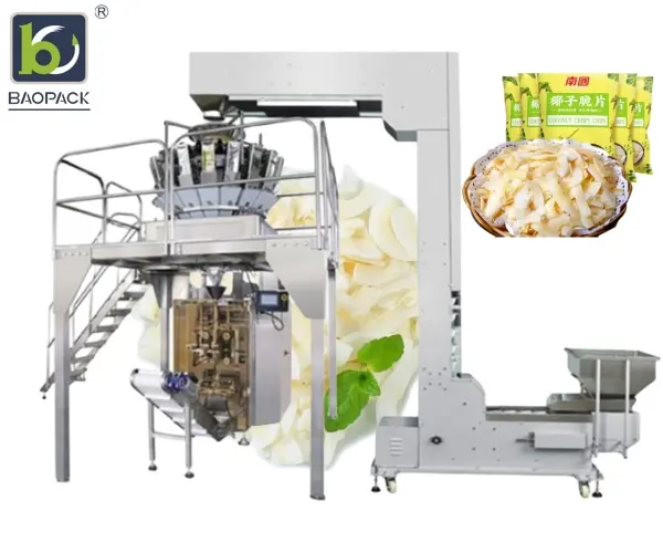 खाद्य ग्रेड मल्टी हेड वेगर पूरी तरह से स्वचालित फल ताजा चिप पल्प कोपरा नारियल मांस पैकिंग मशीन 10 हेड वेगर के साथ