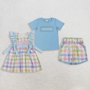 Ensemble de vêtements pour bébés garçons, broderie I Love Mama, chemise bleue avec poches, short à carreaux - Product Image 1
