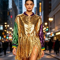 Blouson Bomber Femme Paillettes Or et Violet avec Pompons, Fermeture Éclair, Personnalisé, Style Cheerleader pour le Mardi Gras et les Fêtes
