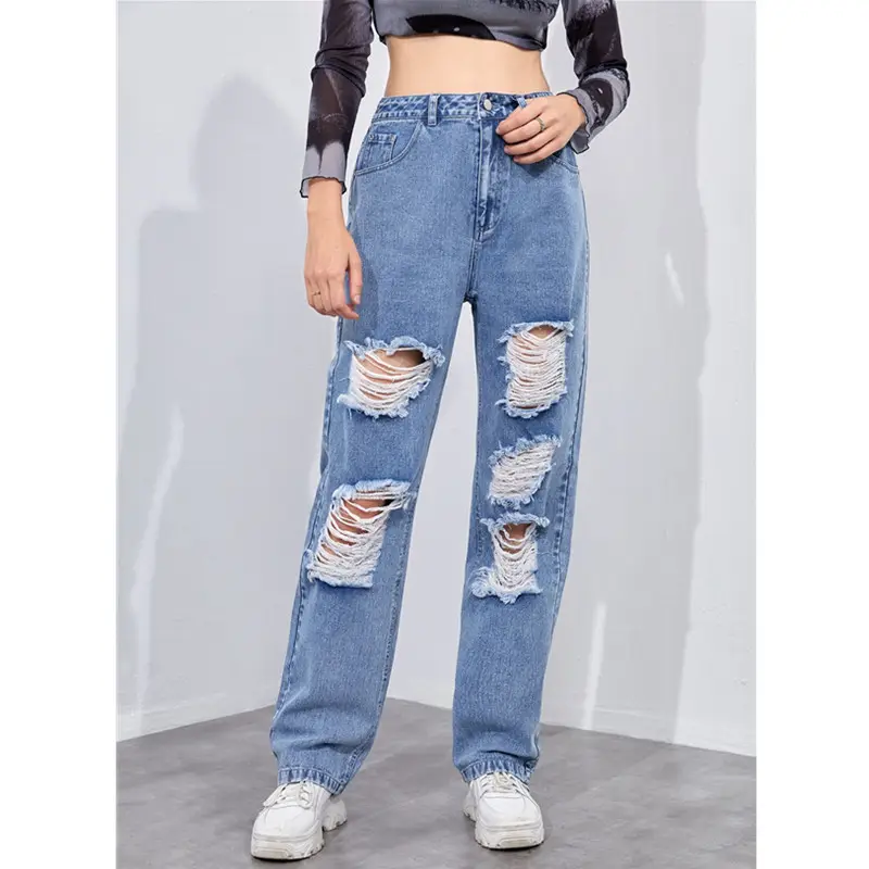 Rock Punk Boyfriend-pantalones vaqueros deshilachados de pierna ancha, Jeans largos de fábrica, venta al por mayor, con pequeña cantidad mínima