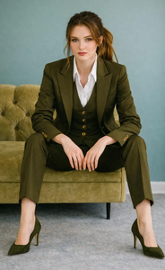 Conjunto de Traje Verde Oliva para Mujer, 3 Piezas, con Chaleco y Blazer, Traje Elegante para Negocios, Ropa Formal de Oficina Sofisticada, Corte Entallado - Product Image 2