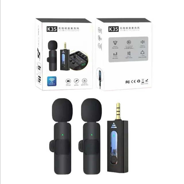 K35 Dual Wireless Microphone One Transmitter Two Receiver Lavalier Lapel Mic for Smartphone Video Recording Vlog