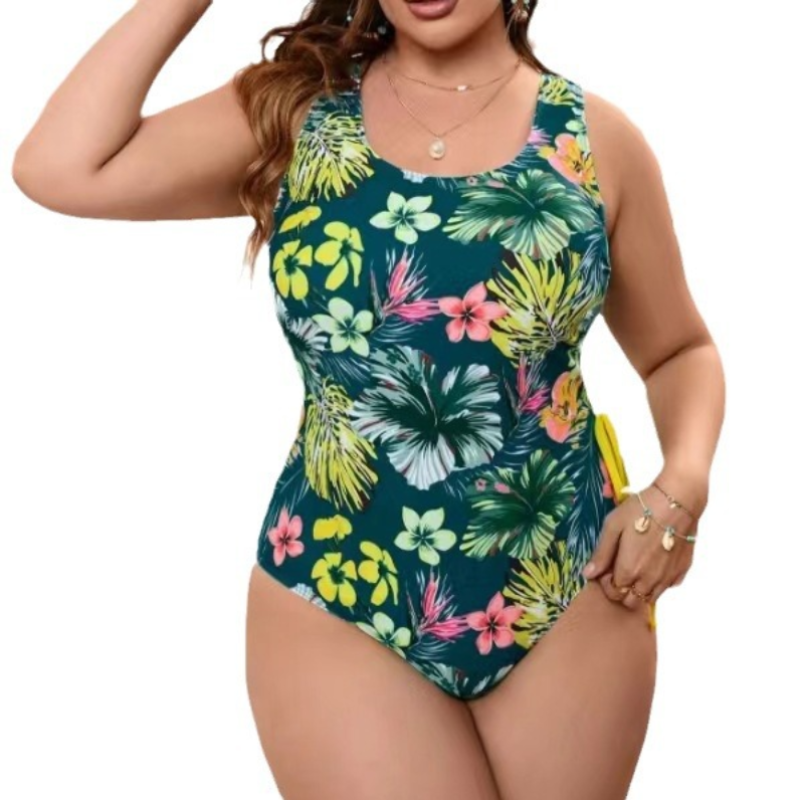European and American Green Printed Wide Shoulder Slim Fit Lace-up Beach  Hot Spring Plus Size One-piece Women's Swimwear