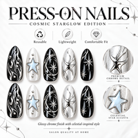 30 faux ongles gothiques faits à la main, forme amande moyenne, avec papillons 3D, étoiles argentées et motifs irréguliers, prêts à poser, style punk noir