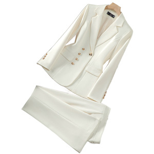 Women's Slim Fit Suit Set White Double Breasted Blazer With Flared Pants Satin Fabric Casual Wear - Product Image 5