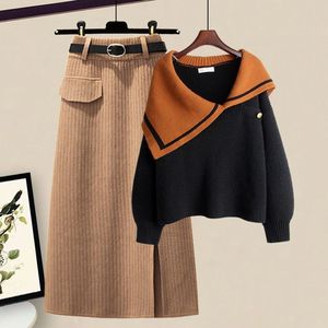 Usine en <span class=keywords><strong>gros</strong></span> grande taille automne costume <span class=keywords><strong>col</strong></span> <span class=keywords><strong>roulé</strong></span> couleur bloc <span class=keywords><strong>pull</strong></span> ourlet fendu tricoté jupe deux pièces ensemble mode pour les femmes - Product Image 1