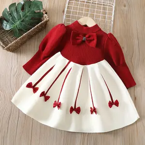 2238 Girls Sweater Dress Children Winter Knit Clothes Long Sleeves Casual Outfits Bow Toddler Princess Party Dresses