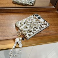Coque de téléphone pliable pour iPhone Duo Apple 18 Fold avec bracelet, motif léopard, effet froissé électroplaqué