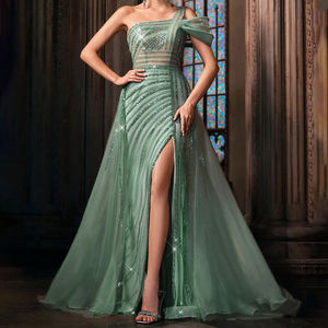 Abito da Sera di Lusso <span class=keywords><strong>Verde</strong></span> <span class=keywords><strong>Menta</strong></span> Dea Elegante Monospalla con Spalline e Inserti di Paillettes con Perline per Feste e Ballo - Product Image 1