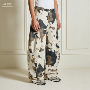 Pantalon cargo unisexe en toile, coupe décontractée, jambe large, ourlet arrondi, imprimé camouflage motif vache, style décontracté, streetwear, workwear - Product Image 1