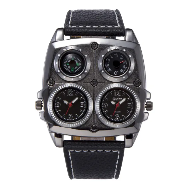 Oulm 1140 Men's Watches Two Time Zone Pilot Style Watch Big Size Quartz Clock Male Leather Strap Wristwatch