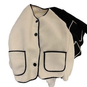 Faux Lamb Wool Coat Women Off White Khaki Black Solid Color Medium Thickness Pocket Autumn Winter Short Round Neck Top - Product Image 5